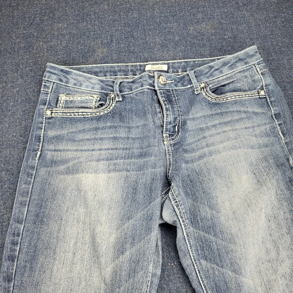 Mudd Womens Sz 15 Blue Rhinestone Cross Embroidered Flare Jeans Y2K Flap pockets